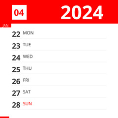 Calendar planner for Week 04 in 2024, ends January 28, 2024 .