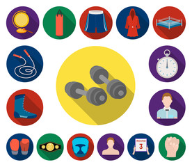 Boxing extreme sports flat icons in set collection for design. Boxer and attributes vector symbol stock web illustration.