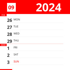Calendar planner for Week 09 in 2024, ends March 3, 2024 .