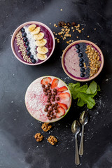 tasty morsel. appetizing different plates with smoothie. top view shot