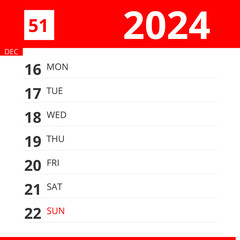 Calendar planner for Week 51 in 2024, ends December 22, 2024 .