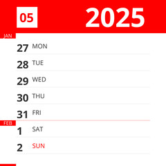Calendar planner for Week 05 in 2025, ends February 2, 2025 .