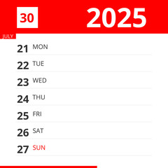 Calendar planner for Week 30 in 2025, ends July 27, 2025 .
