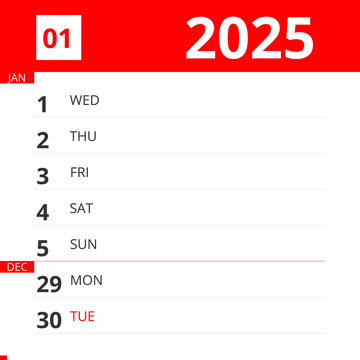 Calendar planner for Week 01 in 2025, ends December 31, 2025 .