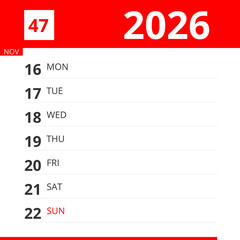 Calendar planner for Week 47 in 2026, ends November 22, 2026 .