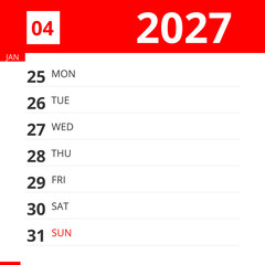 Calendar planner for Week 04 in 2027, ends January 31, 2027 .