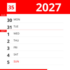 Calendar planner for Week 35 in 2027, ends September 5, 2027 .