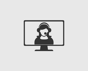 Online customer service icon. Helping women on computer monitor. 