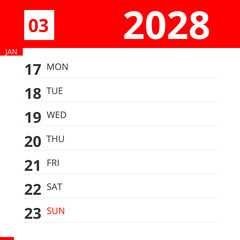 Calendar planner for Week 03 in 2028, ends January 23, 2028 .