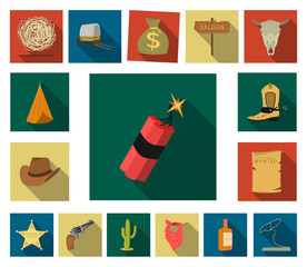 Fototapeta premium Attributes of the wild west flat icons in set collection for design.Texas and America vector symbol stock web illustration.