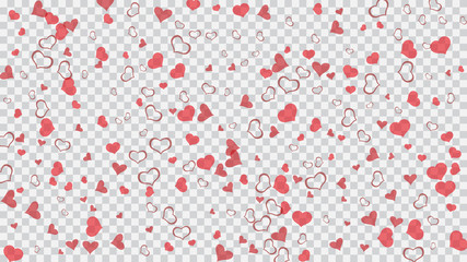 Festive background. Red on Transparent background Vector. Red hearts of confetti are falling. Design element for wallpaper, textiles, packaging, printing, holiday invitation for Valentine's Day.