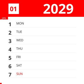 Calendar planner for Week 01 in 2029, ends December 31, 2029 .
