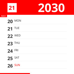 Calendar planner for Week 21 in 2030, ends May 26, 2030 .