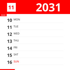 Calendar planner for Week 11 in 2031, ends March 16, 2031 .