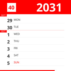 Calendar planner for Week 40 in 2031, ends October 5, 2031 .