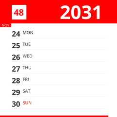 Calendar planner for Week 48 in 2031, ends November 30, 2031 .