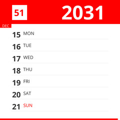 Calendar planner for Week 51 in 2031, ends December 21, 2031 .