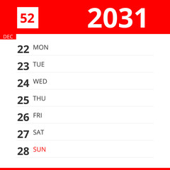 Calendar planner for Week 52 in 2031, ends December 28, 2031 .