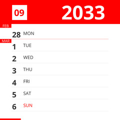 Calendar planner for Week 09 in 2033, ends March 6, 2033 .