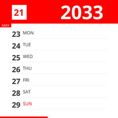 Calendar planner for Week 21 in 2033, ends May 29, 2033 .
