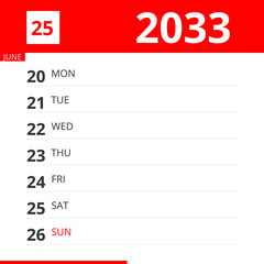 Calendar planner for Week 25 in 2033, ends June 26, 2033 .