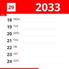 Calendar planner for Week 29 in 2033, ends July 24, 2033 .