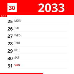 Calendar planner for Week 30 in 2033, ends July 31, 2033 .