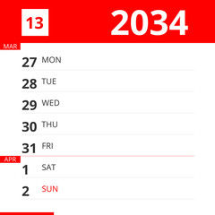 Calendar planner for Week 13 in 2034, ends April 2, 2034 .