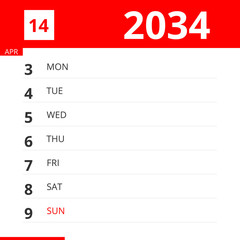 Calendar planner for Week 14 in 2034, ends April 9, 2034 .