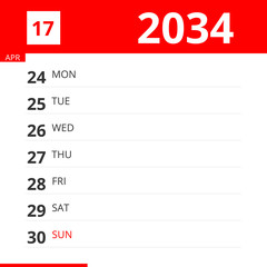 Calendar planner for Week 17 in 2034, ends April 30, 2034 .