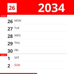 Calendar planner for Week 26 in 2034, ends July 2, 2034 .