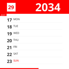 Calendar planner for Week 29 in 2034, ends July 23, 2034 .