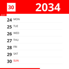 Calendar planner for Week 30 in 2034, ends July 30, 2034 .