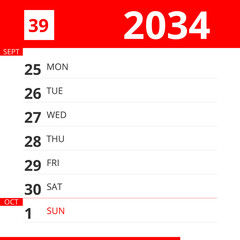 Calendar planner for Week 39 in 2034, ends October 1, 2034 .