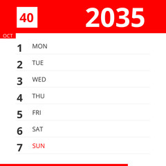 Calendar planner for Week 40 in 2035, ends October 7, 2035 .