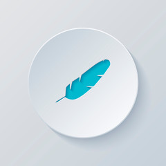 Simple icon of feather. Cut circle with gray and blue layers. Pa