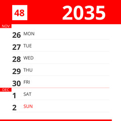 Calendar planner for Week 48 in 2035, ends December 2, 2035 .