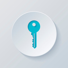 key icon. Cut circle with gray and blue layers. Paper style