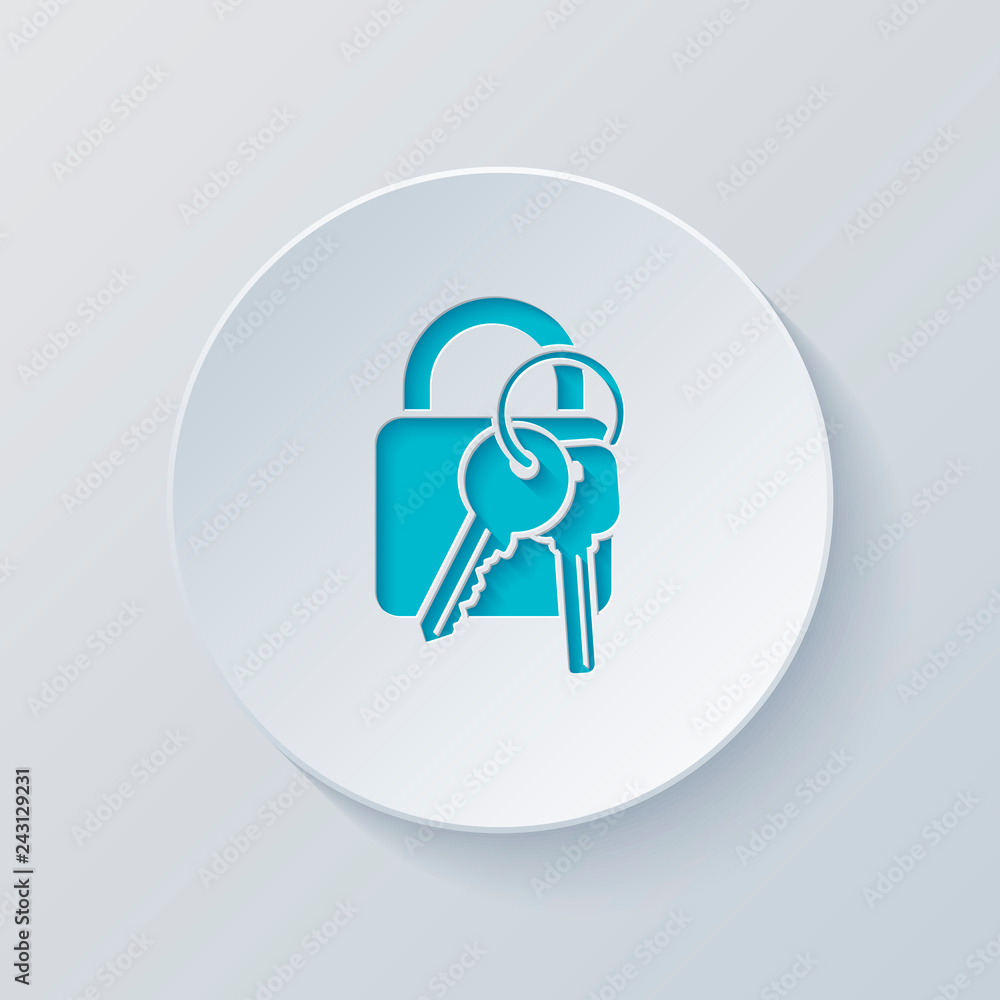 Poster lock with keys icon. cut circle with gray and blue layers. paper