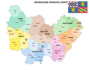 administrative map of the new french region Bourgogne-Franche-Comte with flag