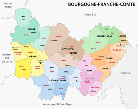 administrative map of the new french region Bourgogne-Franche-Comte