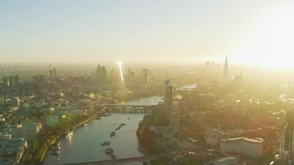 Aerial view sunrise over London city River Thames