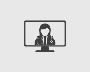 Online Medical help Icon. Female Doctor is on computer screen with gray background. 