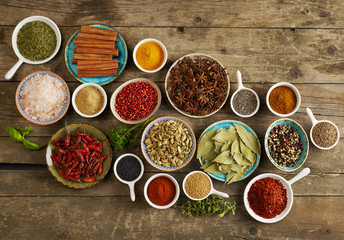 Spices assortment on wood