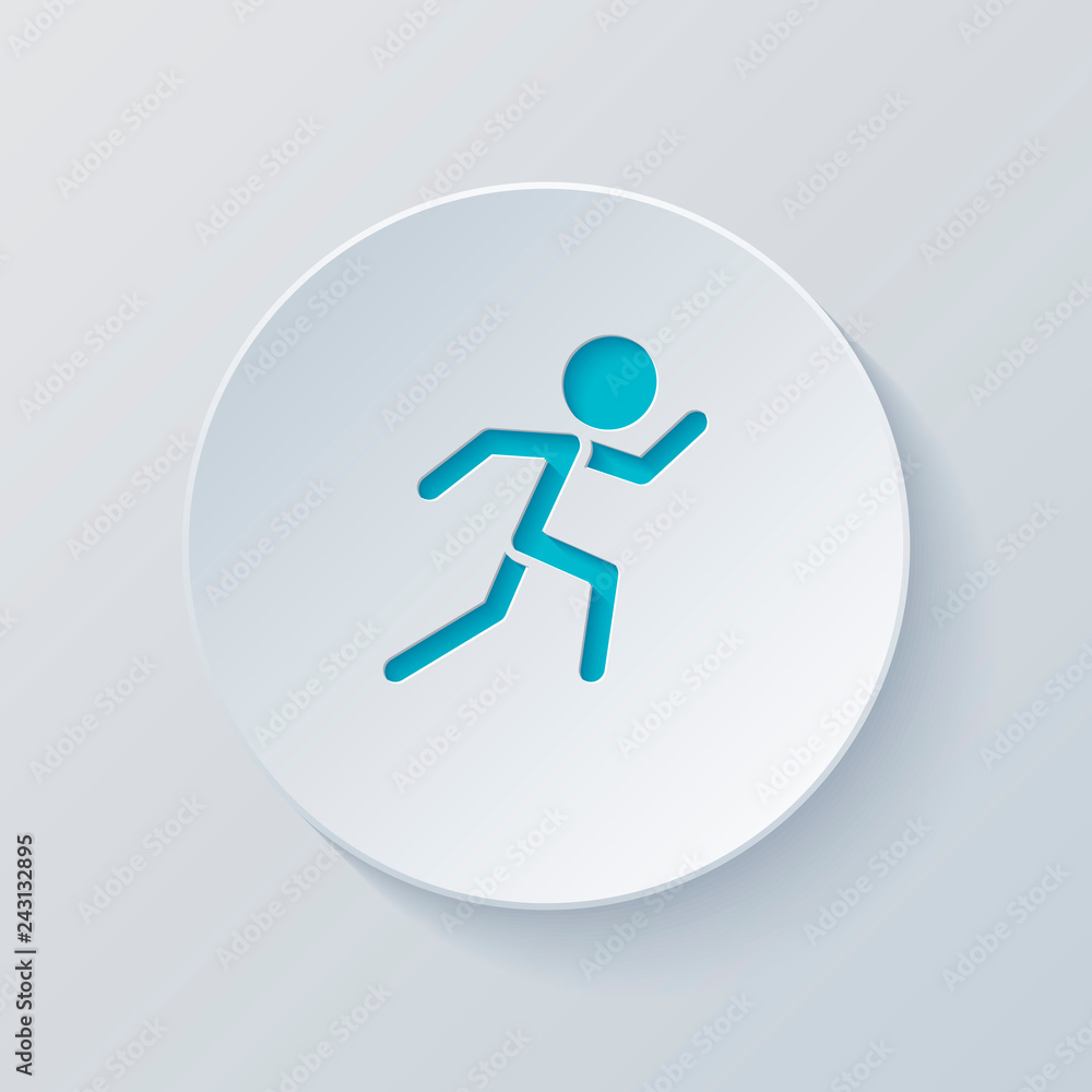 Poster running man. simple icon. cut circle with gray and blue layers.