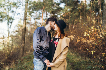 Happy young romantic couple spend time together outdoor.
