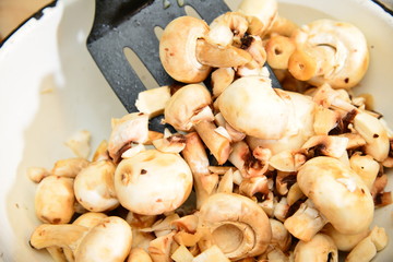 White mushroom is cut with a knife on a cutting board, concept of healthy nutrition.