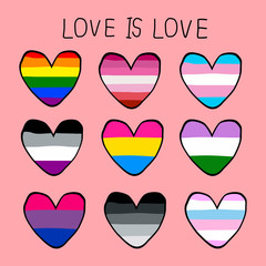 Pride flag color heart shapes with love is love concept illustrate