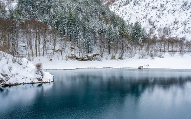 San Domenico Lake near Villalago and Scanno during winter season. Abruzzo, Italy.
