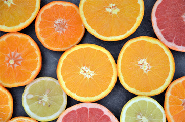 orange lemon fruits slices top view